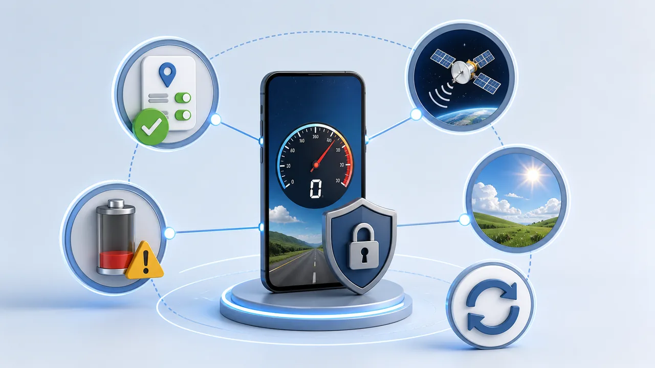 GPS speedometer diagnostic checks for permission, signal, battery and browser state