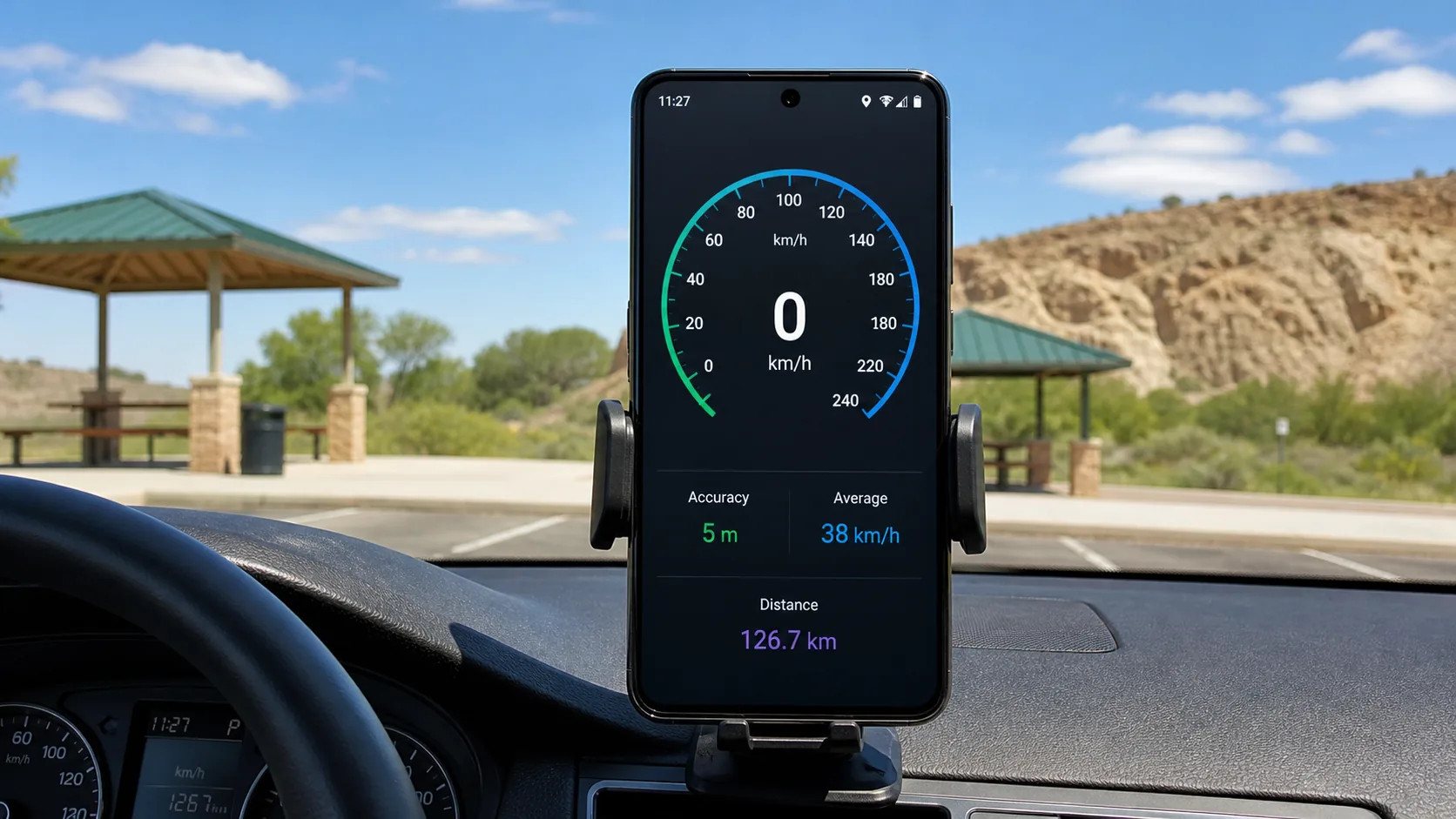 Android phone prepared for a GPS speed check while the vehicle is parked