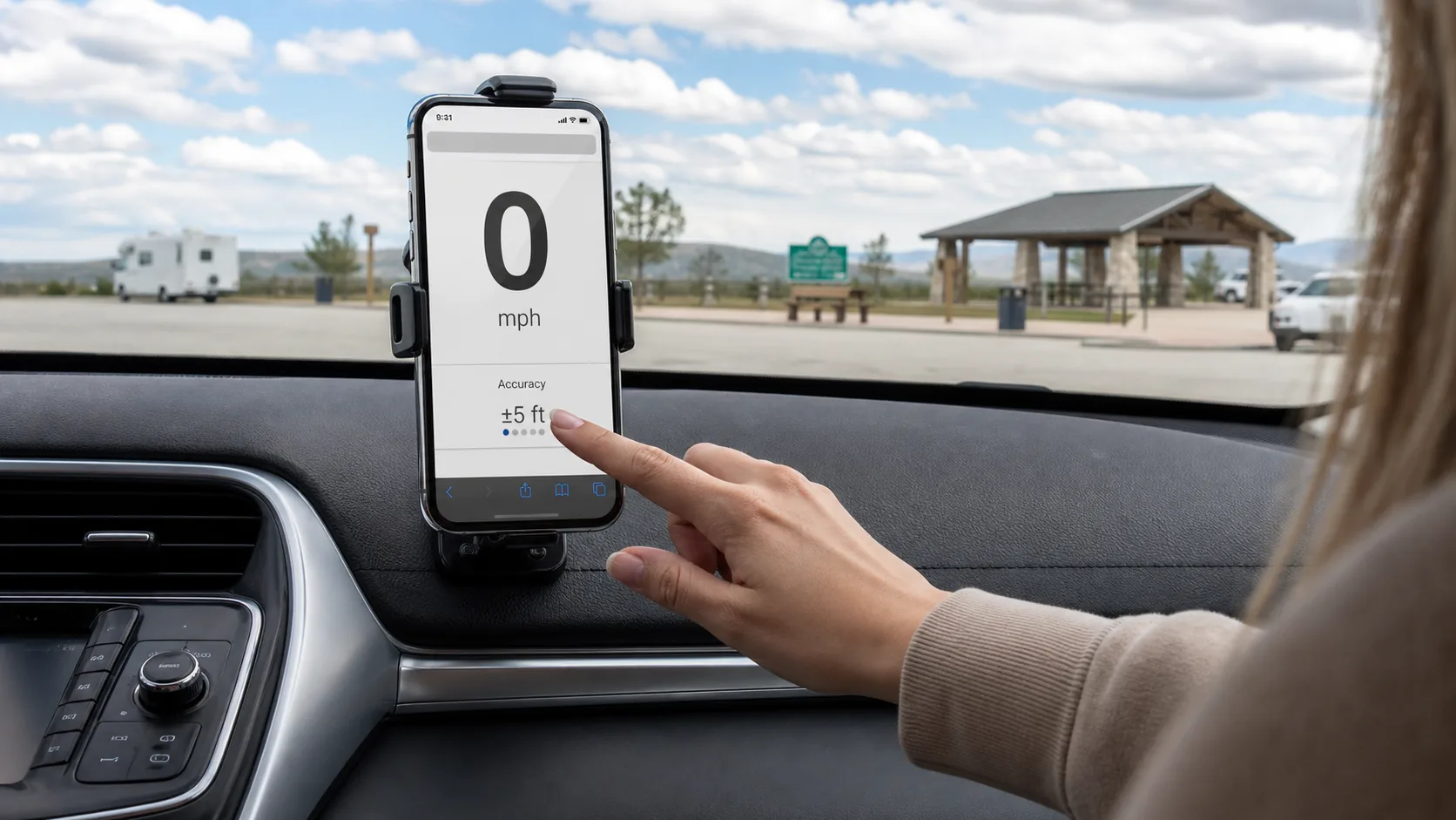 iPhone set up for a browser GPS speed reading before departure